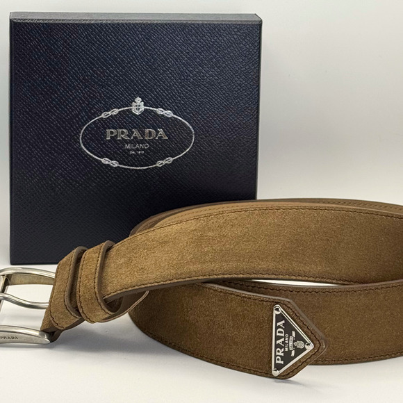 Prada Women's Brown Suede Leather Belt Size 90 36" M-L NEW IN BOX Triangle Logo - Picture 1 of 5
